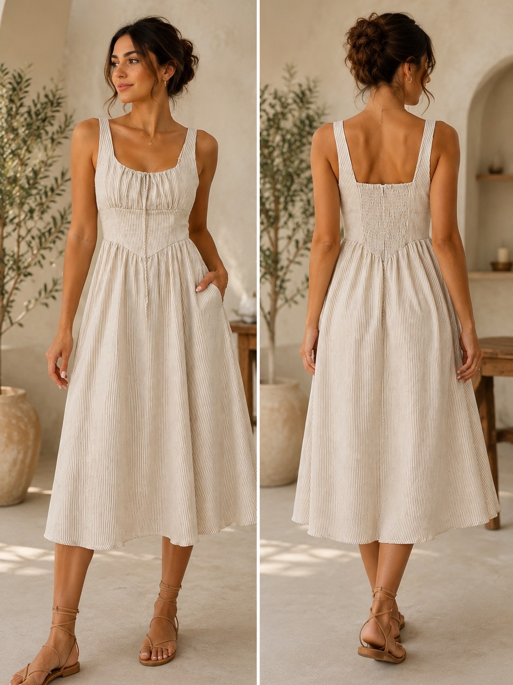 Workshop Republic Clothing Cream Midi Dress with Smocked Back - Picture 1 of 2